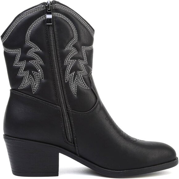 Todaysunny Women Black Western Femme Cowboy Calf Ankle Booties With Side Zip - Picture 1 of 5
